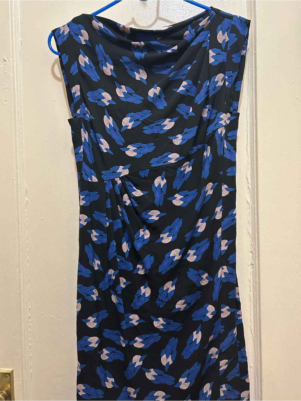 Diane Von Furstenberg Silk “Mattie” Black Dress with Blue and Beige Print Sz 2